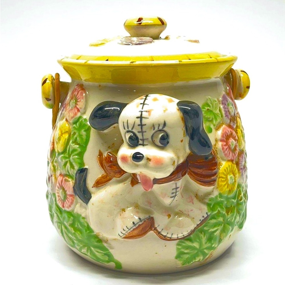 1950s ESD JAPAN -Handpainted Cookie Jar Puppy Flowers Bird on House 3D - Rare*